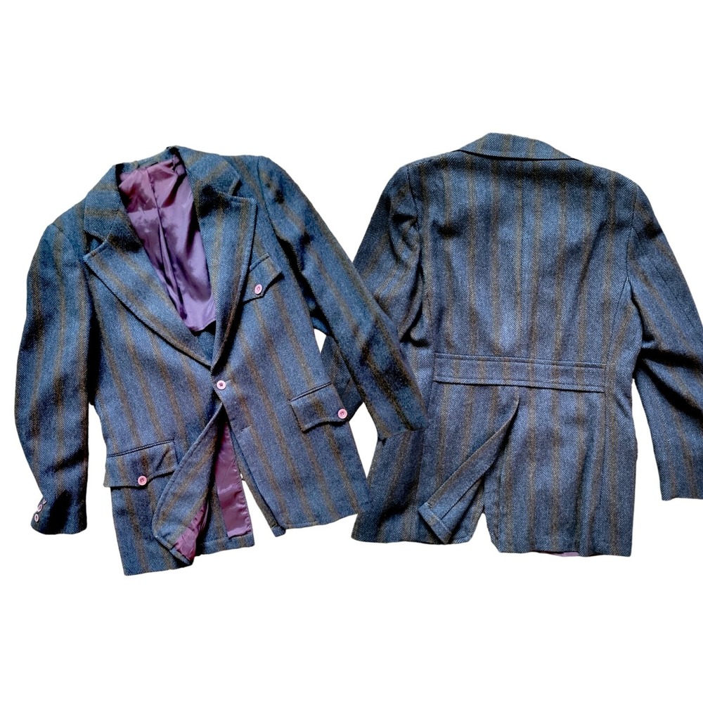 Vintage 70s Men's Wool Herringbone Stripe Blue‎ Sportcoat 42R With Back Belt